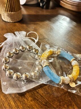 Plunder Silver Bead Bracelet & Blue and Yellow Resin Link Bracelet